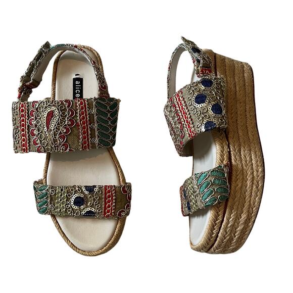 Alice + Olivia Anastasia Sequin Embroidered Jute Platform Sandals Size 35.5 - Picture 2 of 9